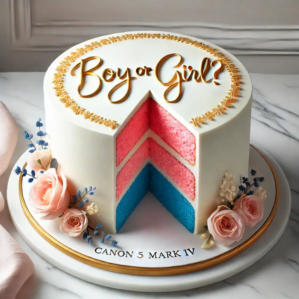 Two-tiered gender reveal cake with white buttercream frosting, gold decorative elements, 'Boy or Girl?' written on top, and neutral-colored flowers at the base on a white marble counter.