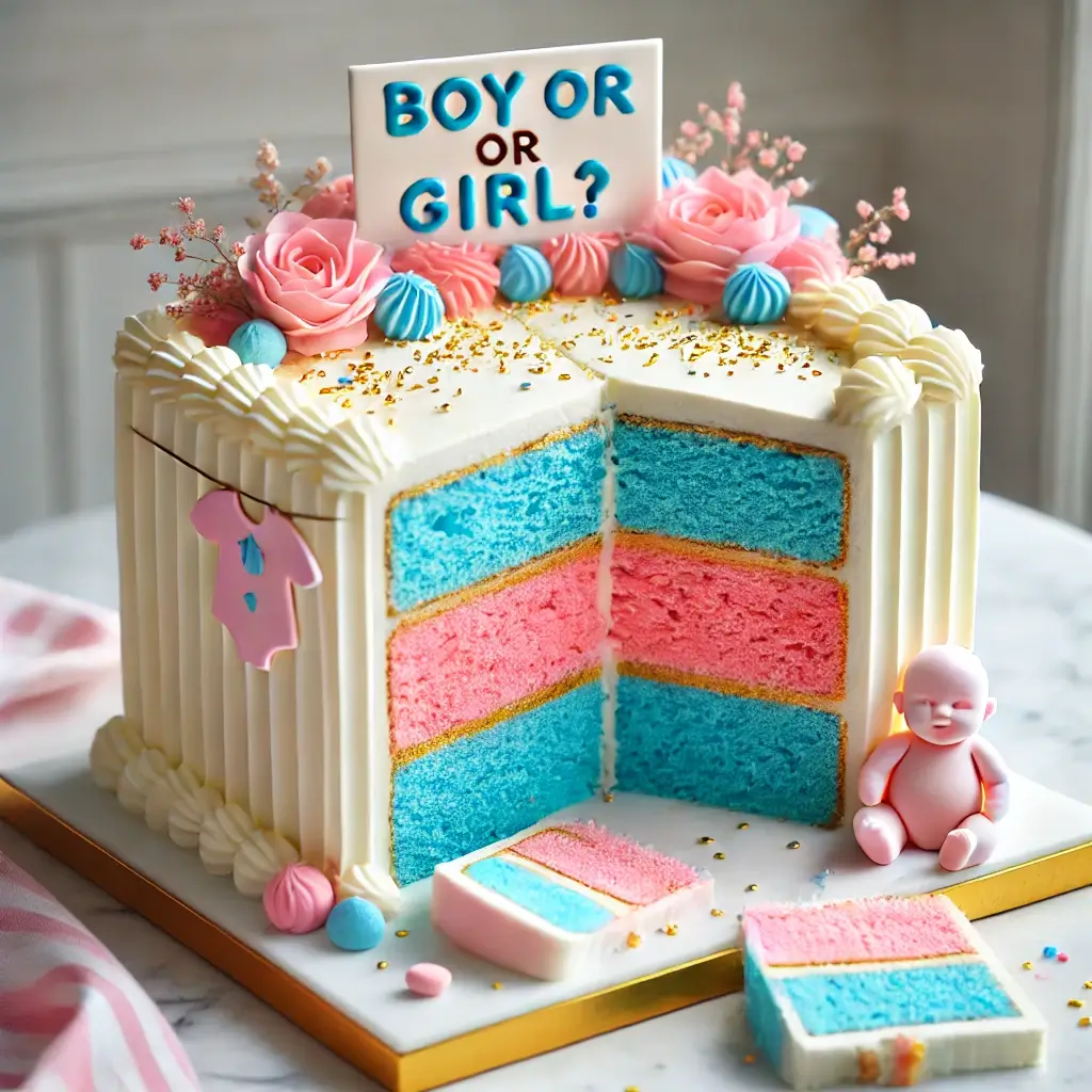 Rectangular gender reveal cake with white buttercream frosting, vibrant pink and blue layers, gold sprinkles, and a 'Boy or Girl?' sign on top, placed on a white marble counter.