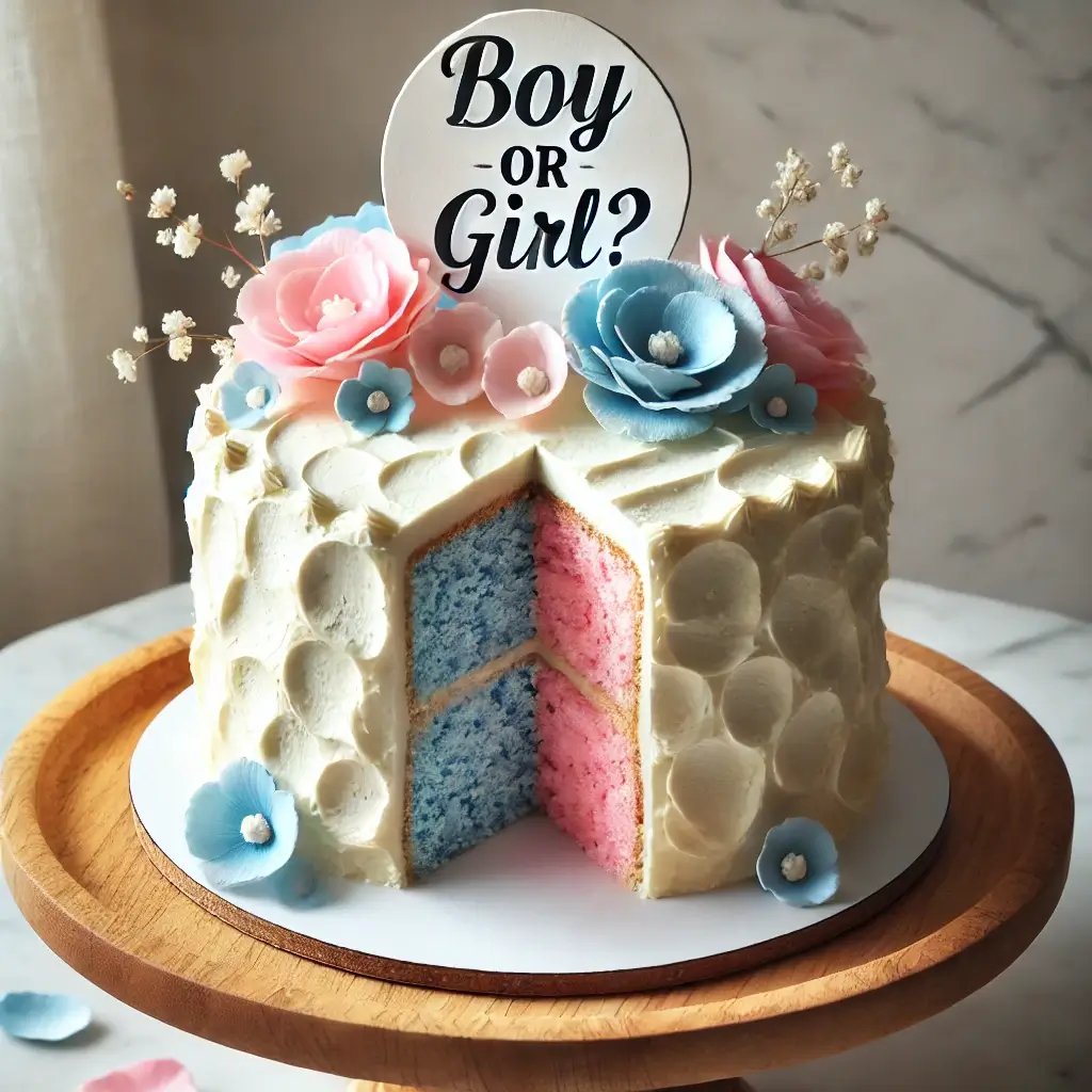 Rustic single-tiered gender reveal cake with textured white frosting, edible pink and blue flower petals, and a 'Boy or Girl?' topper, on a wooden cake stand.