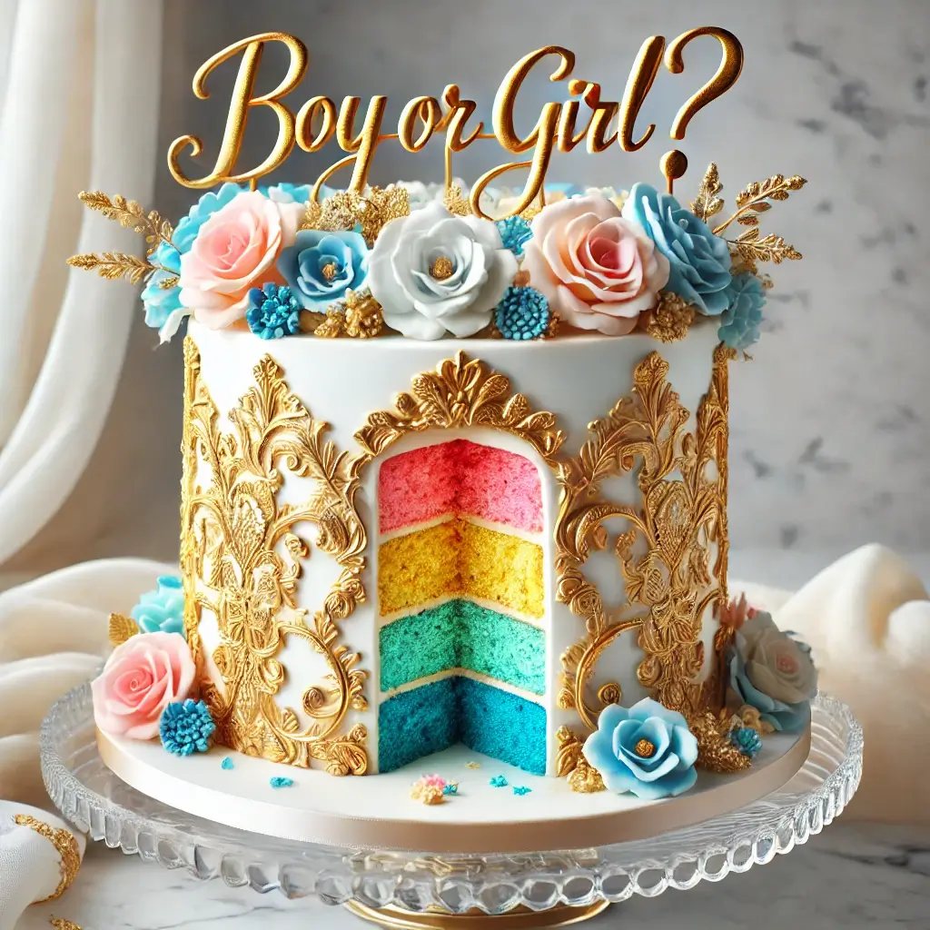 Three-tiered extravagant gender reveal cake with white fondant, gold lace patterns, cascading blue and pink sugar flowers, and a 'Boy or Girl?' topper on a glass cake stand.