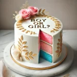 Two-tiered gender reveal cake with smooth white buttercream frosting, gold 'Boy or Girl?' text on top, and neutral-colored flowers at the base, displayed on a white marble counter with vibrant colored layers revealed through a slice