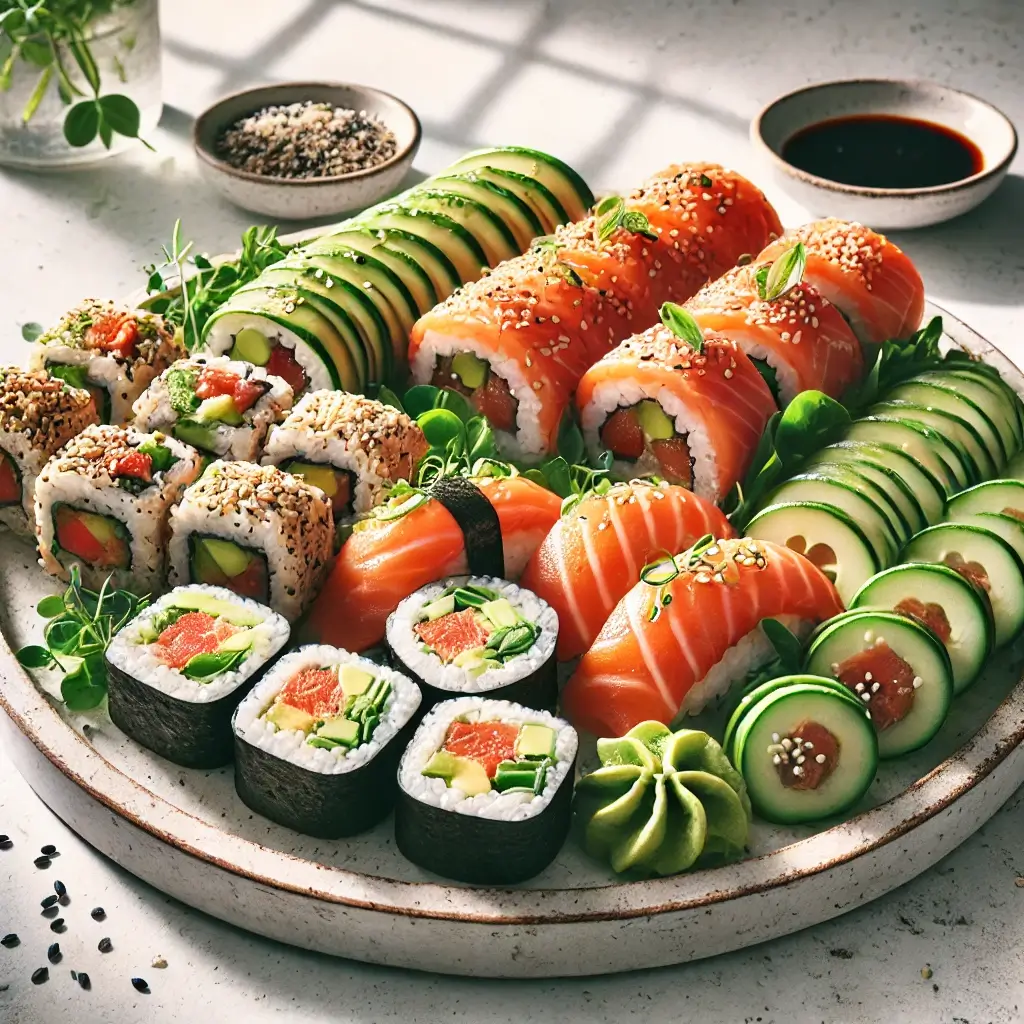  A healthy salmon sushi platter featuring cucumber-wrapped rolls, sesame-encrusted salmon rolls, classic salmon nigiri, and fresh garnishes like cucumber slices, avocado, and microgreens on a white ceramic plate, accompanied by soy sauce in the background.