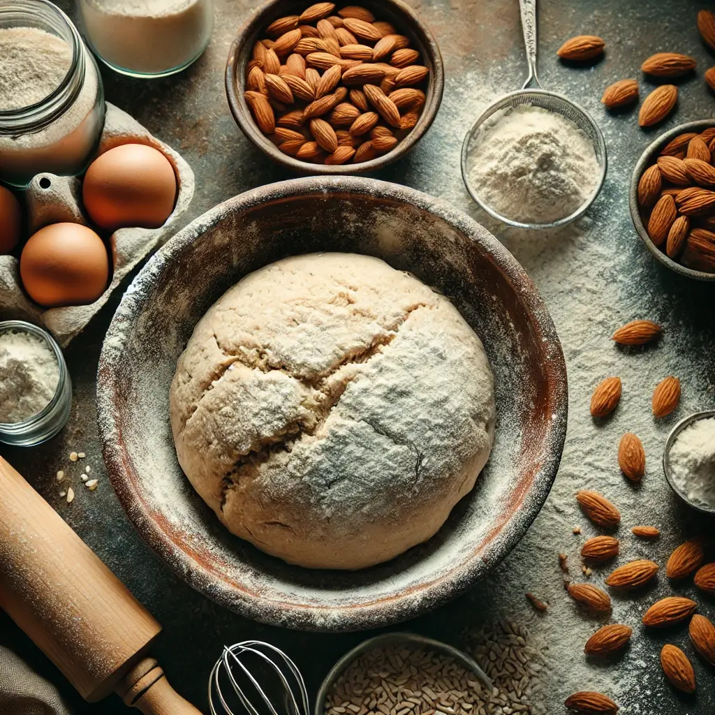 Top-down view of gluten-free bread dough in a mixing bowl, dusted with flour, surrounded by psyllium husk and almond flour, illuminated by natural lighting in a professional food photography style.