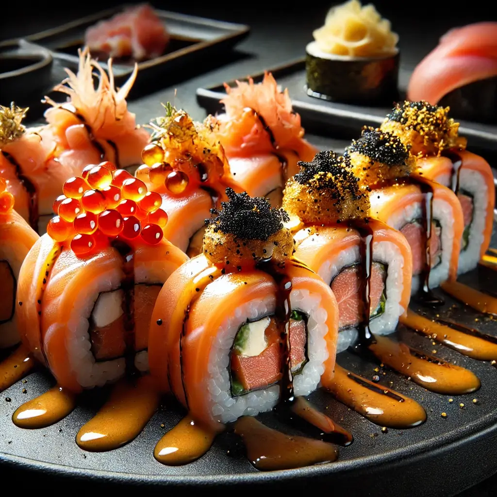 A close-up of luxurious salmon sushi rolls on a black stone platter, topped with ikura, black tobiko, gold flakes, and drizzled specialty sauces, with artful garnishes in the background.