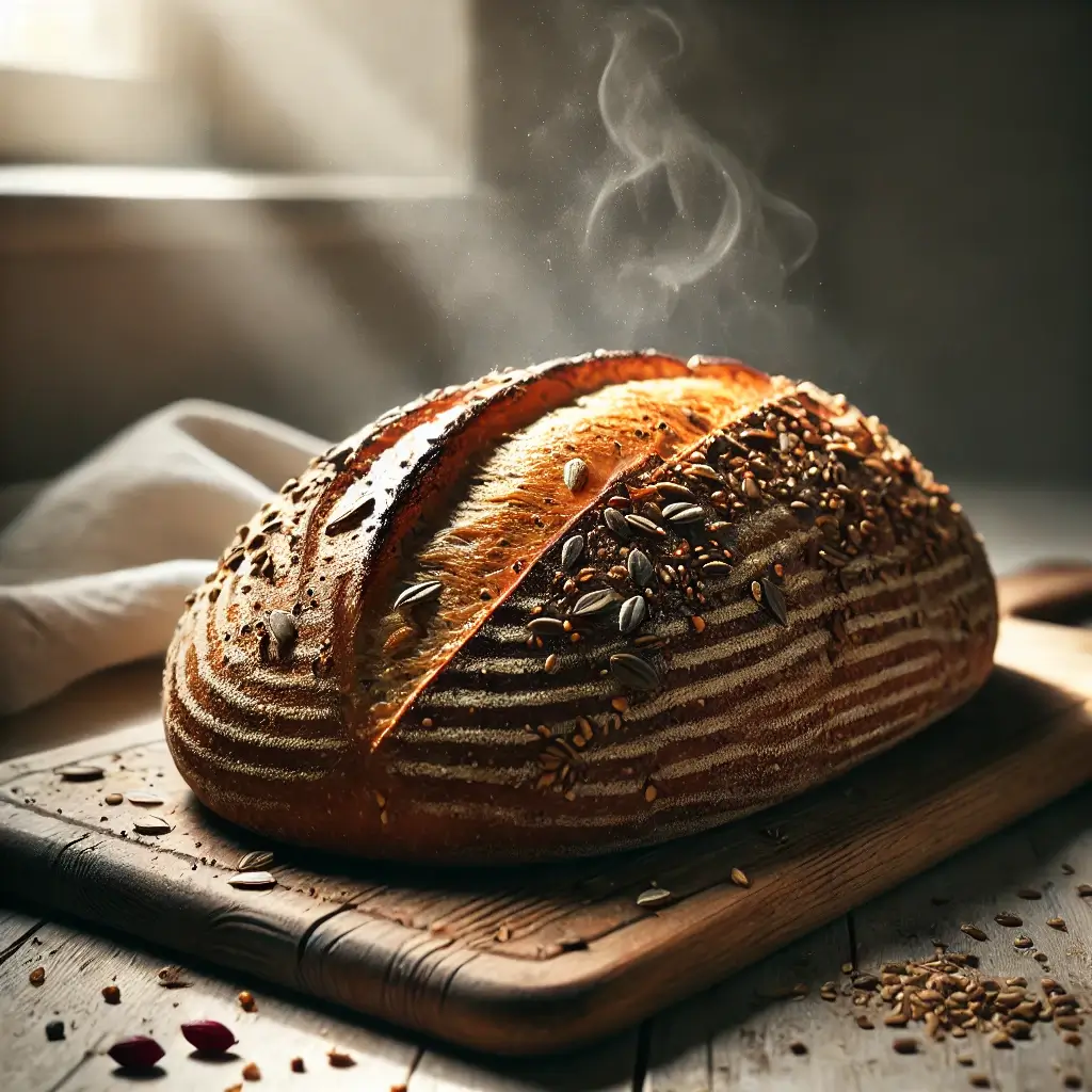 A rustic loaf of artisanal gluten-free bread on a wooden cutting board, sprinkled with seeds, with slight steam rising. Illuminated by natural window lighting, the image features soft shadows and a high-resolution food photography style.