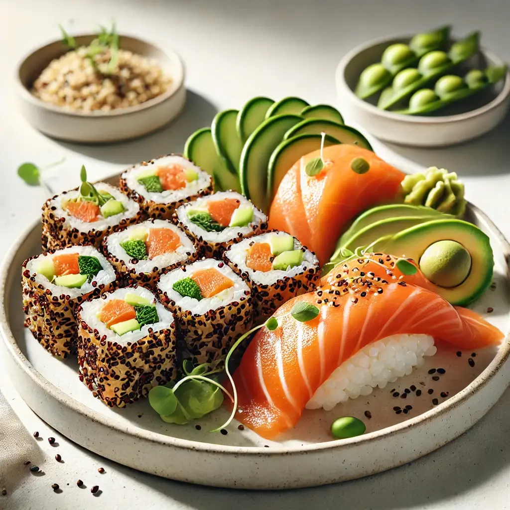 A healthy salmon sushi platter with quinoa rolls, fresh salmon sashimi, avocado slices, edamame, and sesame seeds, arranged on a white ceramic plate with natural light emphasizing its fresh and vibrant ingredients.