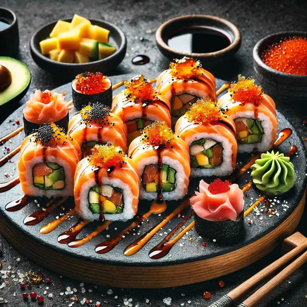 A close-up view of gourmet salmon sushi rolls on a black stone platter, topped with vibrant ingredients like tobiko, avocado, mango, and specialty sauces, with garnishes of pickled ginger, wasabi, and chopsticks beside the plate