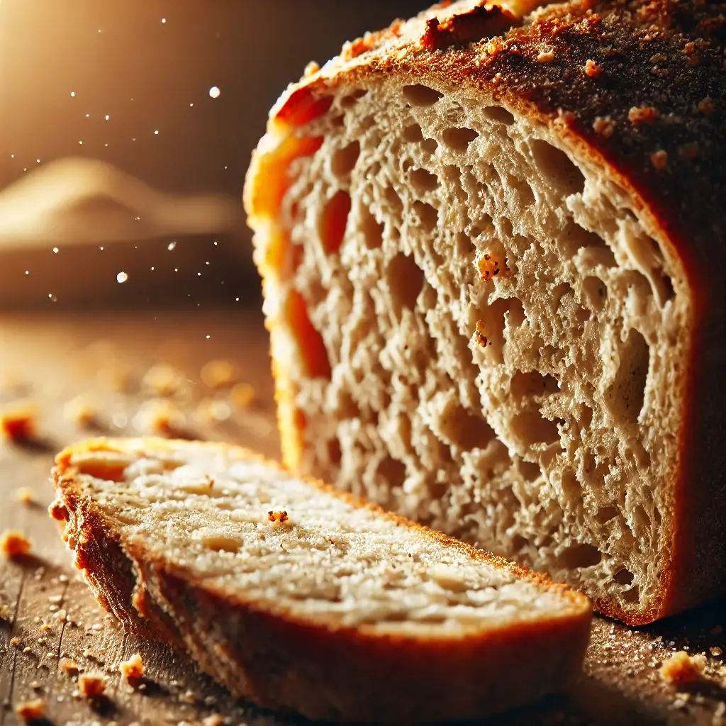 Extreme close-up of a sliced gluten-free bread showcasing detailed crumb structure, illuminated by warm natural lighting, with scattered crumbs in the foreground and a shallow depth of field.