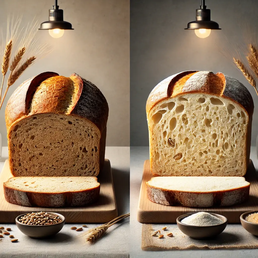 Side-by-side presentation of traditional wheat bread and gluten-free bread, with cross-sections visible to emphasize differences in texture and crumb structure, against a neutral background with professional lighting.