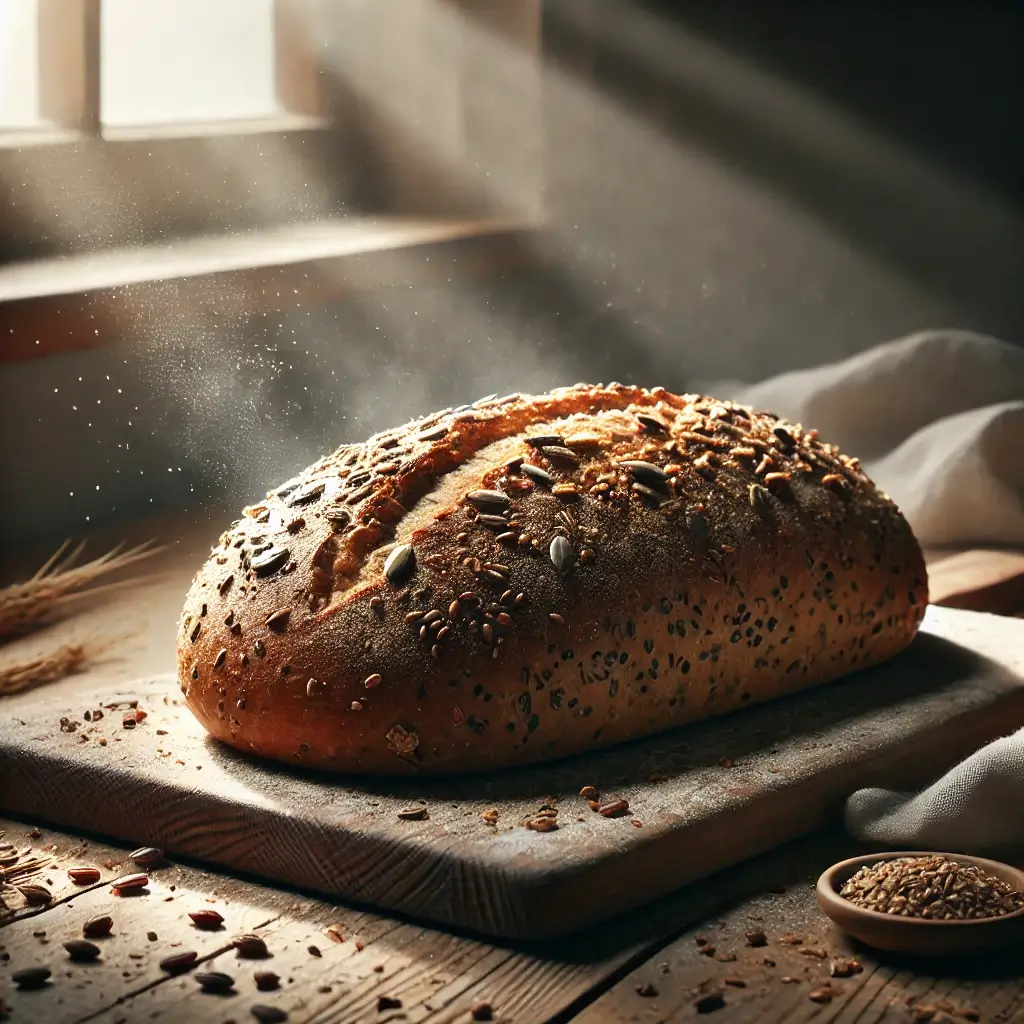 A rustic loaf of gluten-free bread sprinkled with seeds, resting on a wooden cutting board with natural light and soft shadows, slight steam rising to indicate freshness.