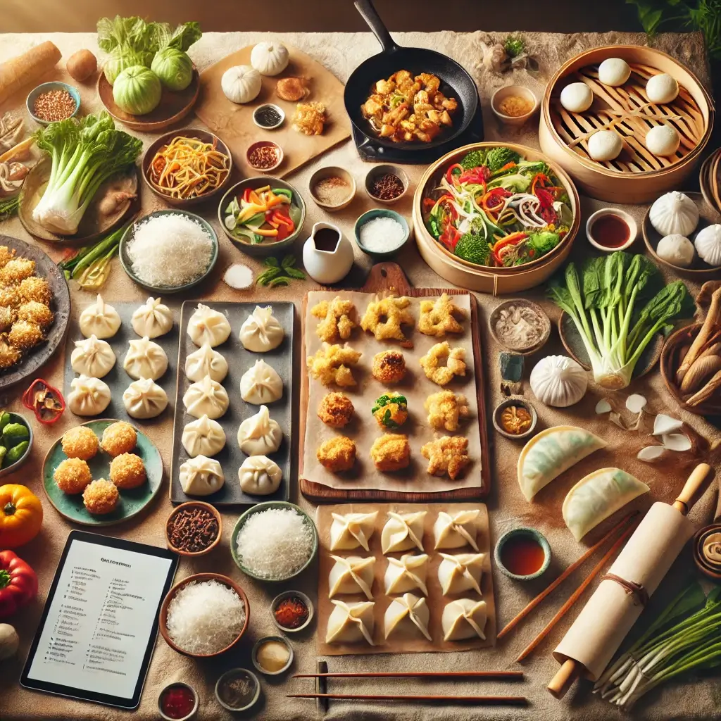 A cozy kitchen scene showing the preparation of homemade Asian snacks. The image features a variety of dishes including dumplings, bao buns, crispy fried treats, and a stir-fried vegetable dish. Fresh ingredients like vegetables, rice noodles, and herbs are visible, along with a recipe tutorial on a tablet. The kitchen is filled with the warmth of cooking, showcasing the process of creating delicious, authentic Asian snacks from scratch