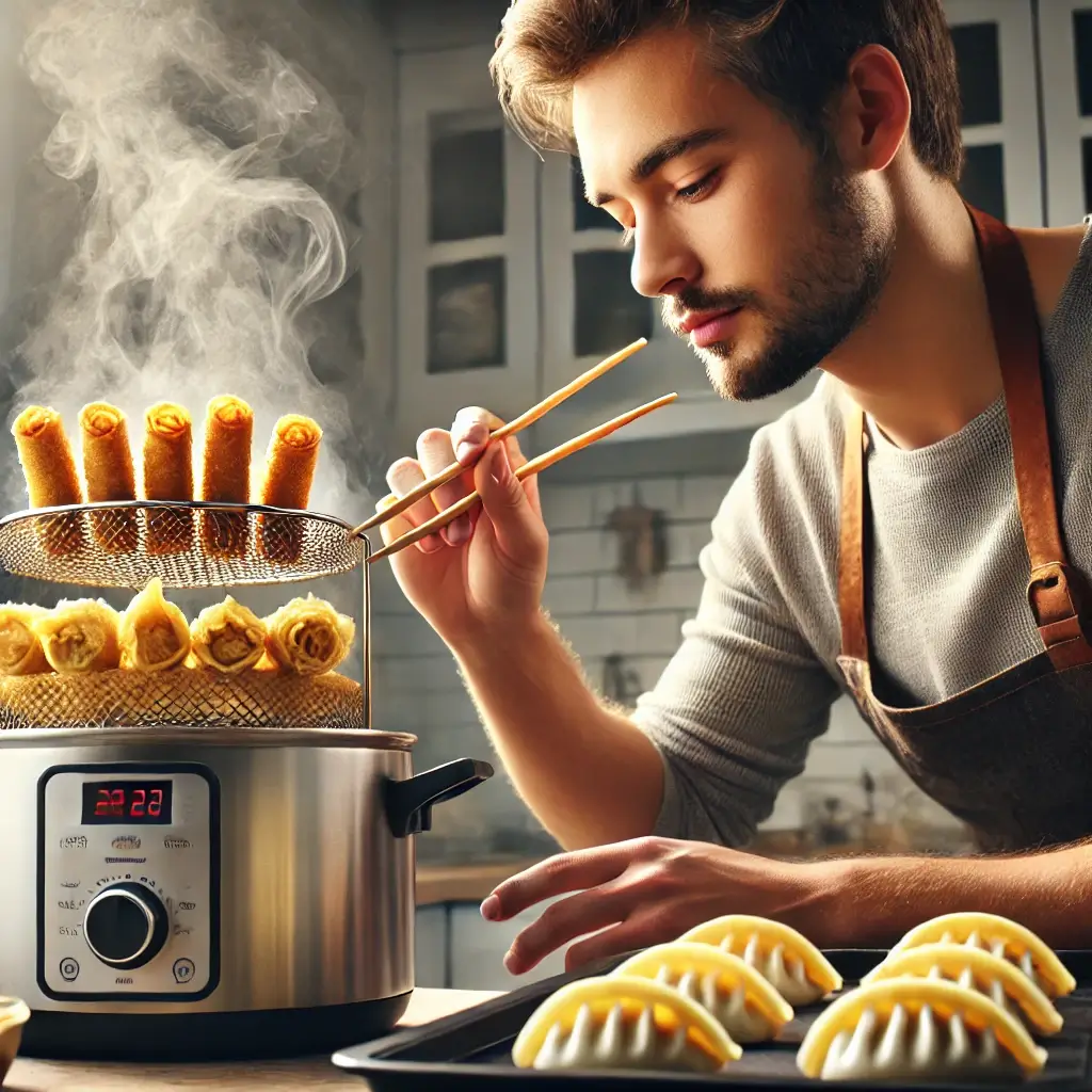 A close-up of a person frying crispy Asian snacks, with spring rolls and dumplings cooking in a modern fryer. The individual, wearing an apron, carefully uses chopsticks to adjust the cooking items, ensuring the perfect crispiness. The kitchen background is softly blurred, emphasizing the attention to detail and care involved in preparing homemade Asian snacks