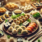 A vibrant assortment of Asian snacks including sushi rolls, dumplings, bao buns, spring rolls, and mochi, elegantly arranged on a traditional Asian-style table. Garnished with sesame seeds and cilantro, the warm lighting highlights the colorful and inviting nature of these delicious snacks