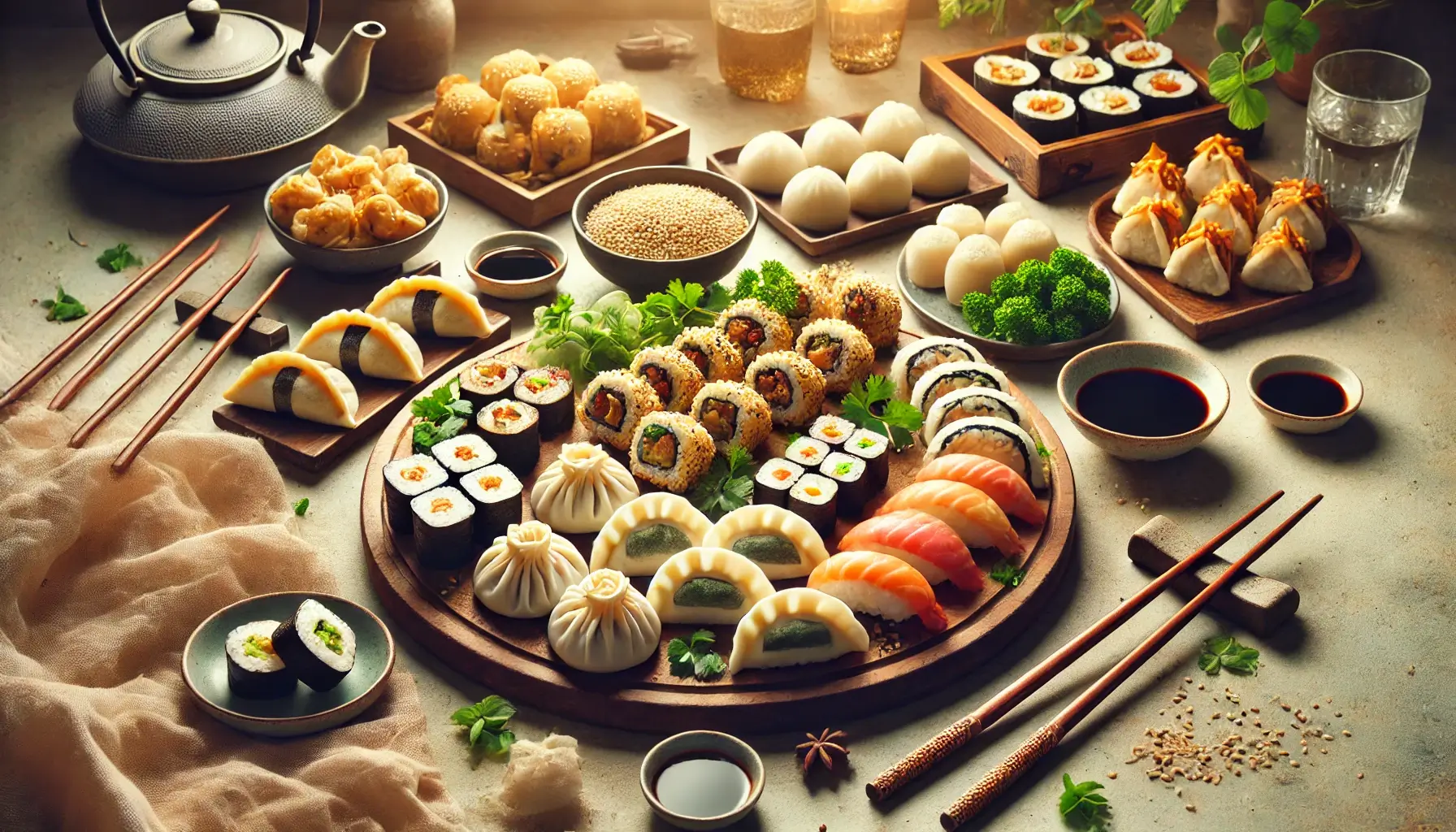 A vibrant assortment of Asian snacks including sushi rolls, dumplings, bao buns, spring rolls, and mochi, elegantly arranged on a traditional Asian-style table. Garnished with sesame seeds and cilantro, the warm lighting highlights the colorful and inviting nature of these delicious snacks