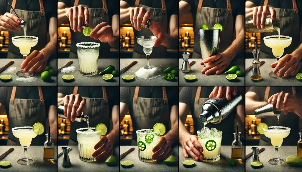 A step-by-step guide of hands preparing a margarita, from pouring ingredients to shaking and garnishing the drink.