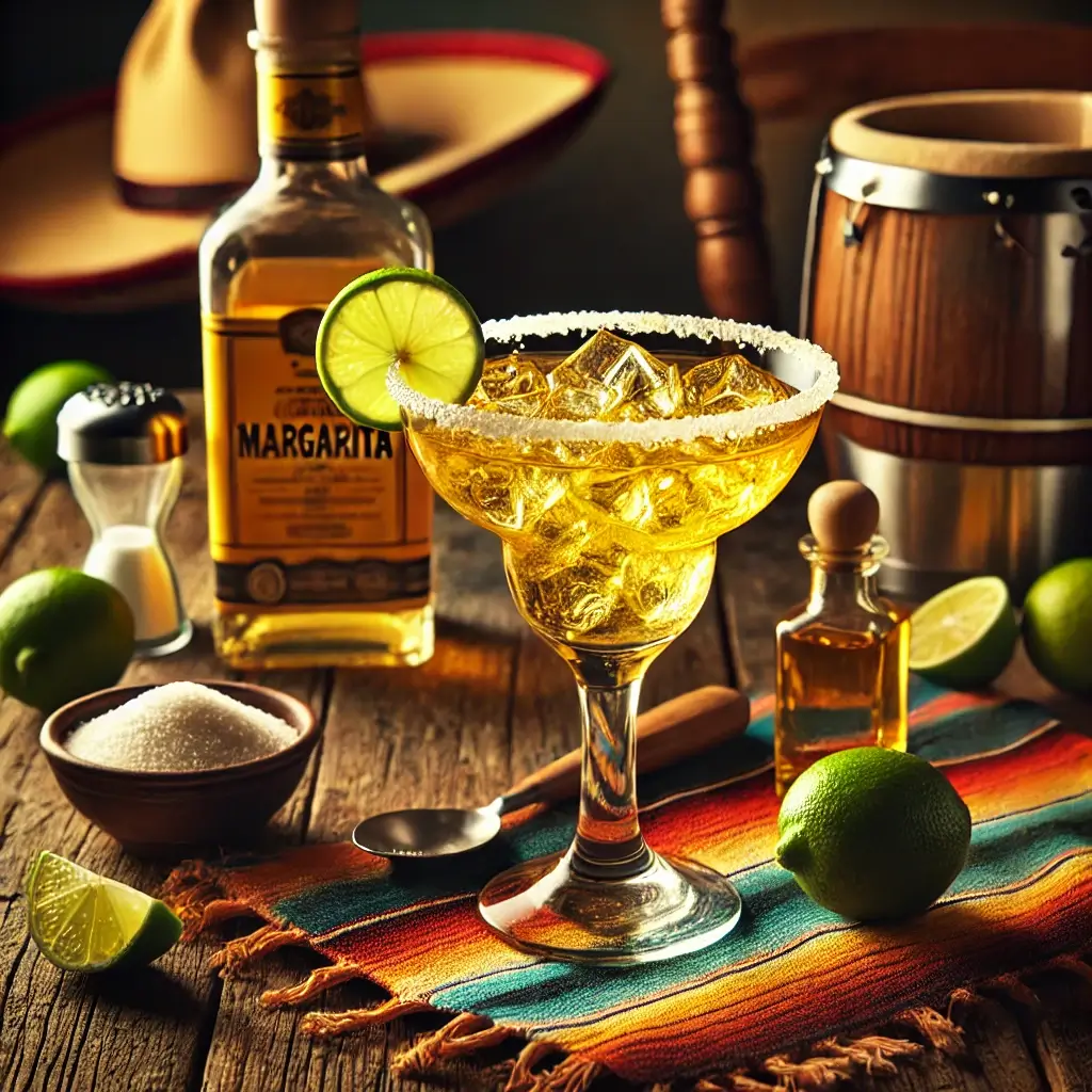 A margarita with a salted rim, garnished with a lime wedge, sitting next to a bottle of tequila and a bowl of salt on a rustic wooden table.