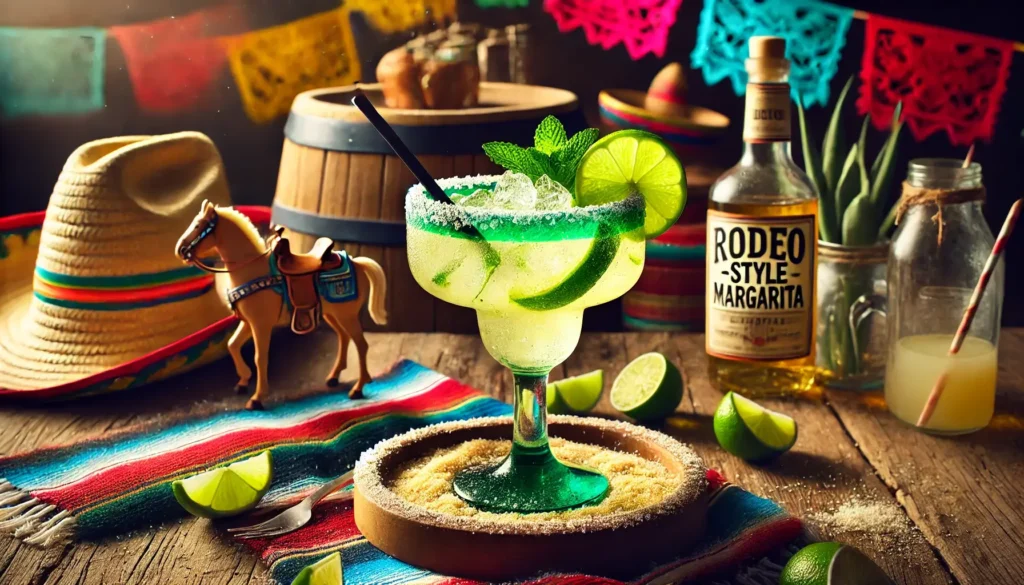 A Rodeo-style margarita in a traditional glass with a salted rim, garnished with a lime wedge and mint, set against a colorful Mexican-inspired backdrop.