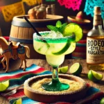 A Rodeo-style margarita in a traditional glass with a salted rim, garnished with a lime wedge and mint, set against a colorful Mexican-inspired backdrop.