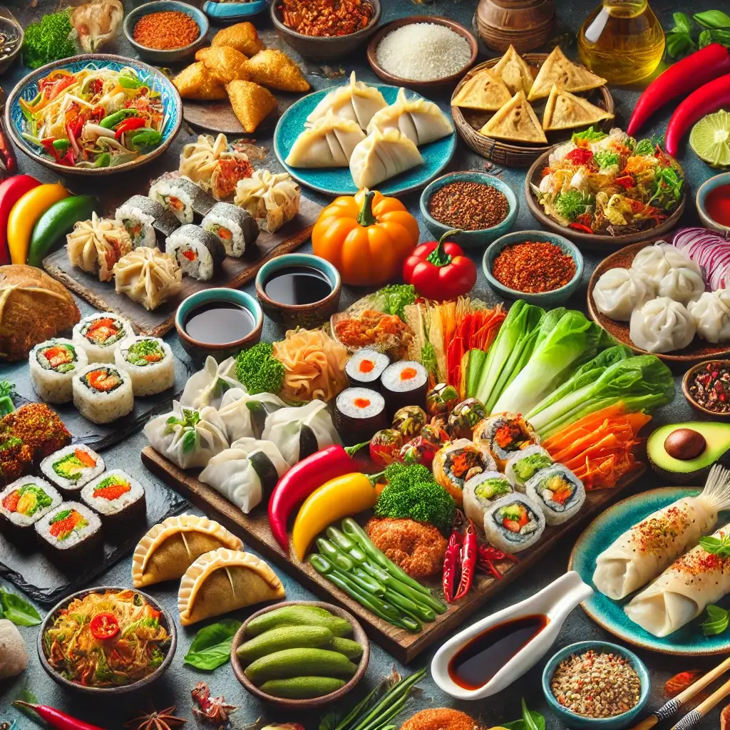 An inviting display of various Asian snacks including sushi rolls, dumplings, spring rolls, and vegetable dishes, arranged beautifully on a traditional table. The vibrant colors of fresh ingredients like broccoli, carrots, and peppers contrast with the golden-brown dumplings and sushi rolls. Garnished with herbs, dipping sauces, and fresh vegetables, the scene captures the rich diversity and flavors of Asian cuisine