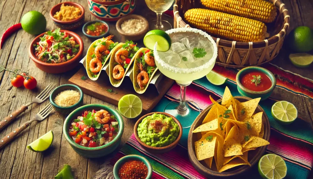 A margarita paired with shrimp tacos, guacamole, and chips on a rustic table, with a festive Mexican atmosphere.