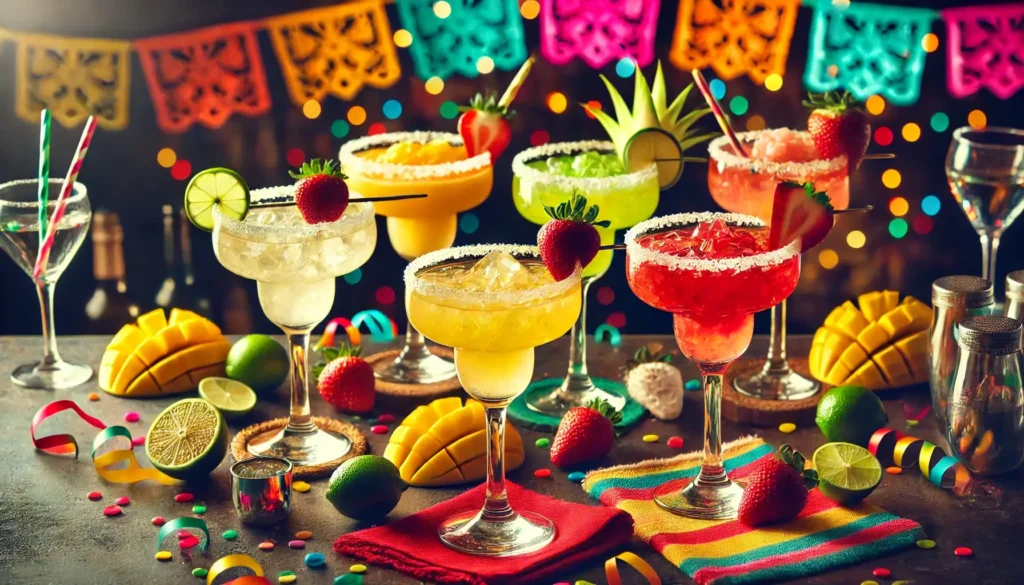 A variety of colorful margaritas with different flavors, garnished with fruits, served in festive glasses with a vibrant, celebratory atmosphere.