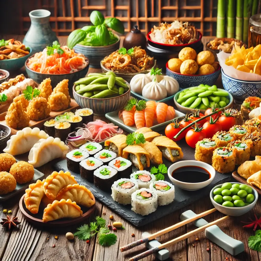 An inviting display of a variety of Asian snacks including sushi rolls, dumplings, bao buns, spring rolls, and edamame, beautifully arranged on a wooden table. The snacks are garnished with fresh herbs like cilantro and served with dipping sauces. The scene is vibrant and colorful, with a cozy atmosphere, perfect for showcasing the diversity and richness of Asian cuisine.